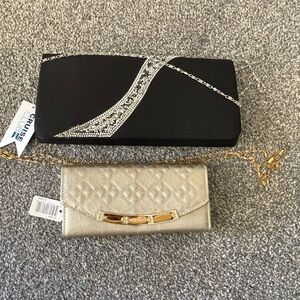 NWT! Lot of two fashion costume purses black/silver and gold clutch chain straps